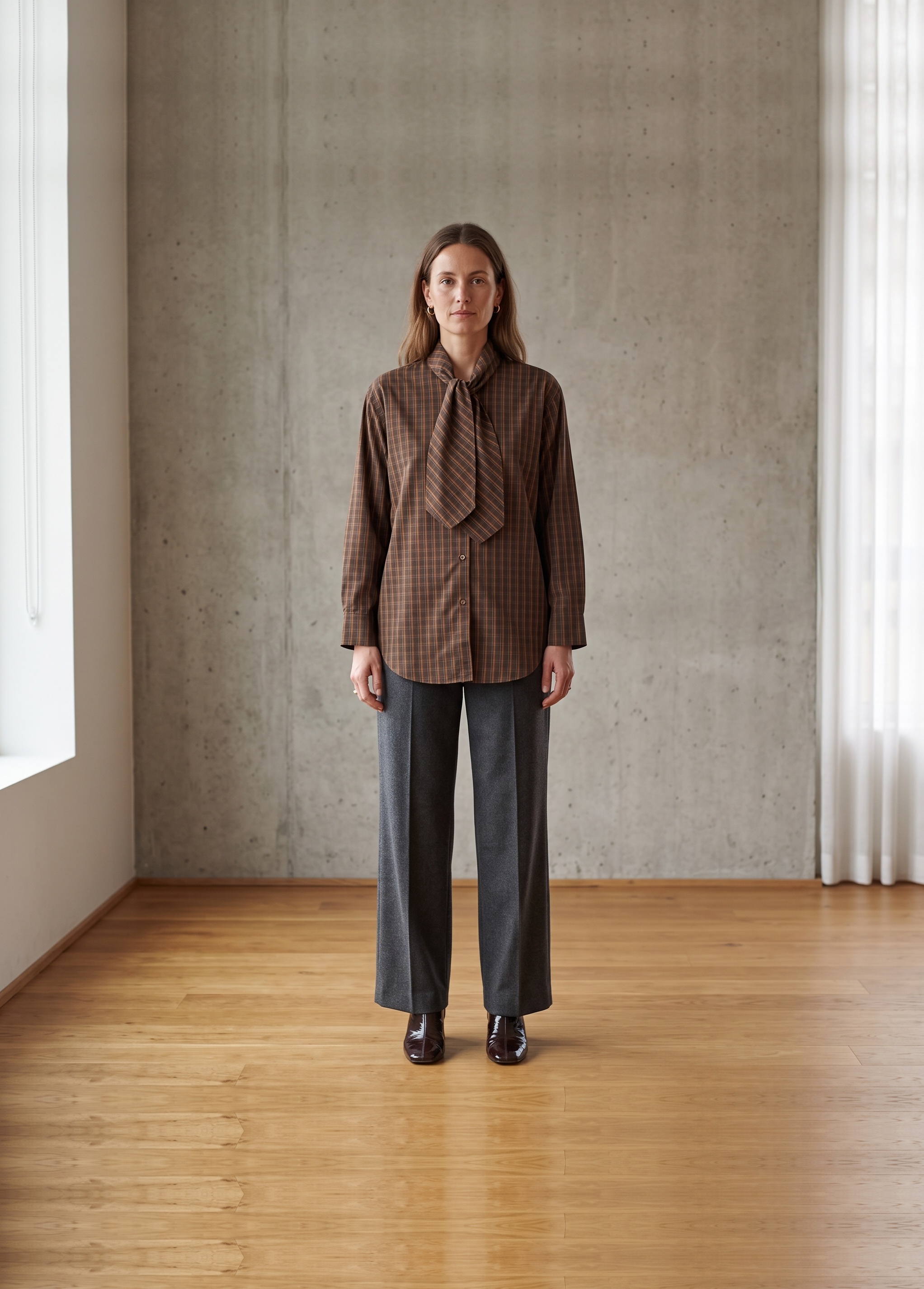 Blouse Janesse met strikkraag - bruin geruit